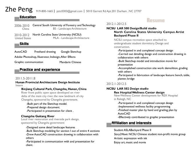 resume for zhe peng zhepeng